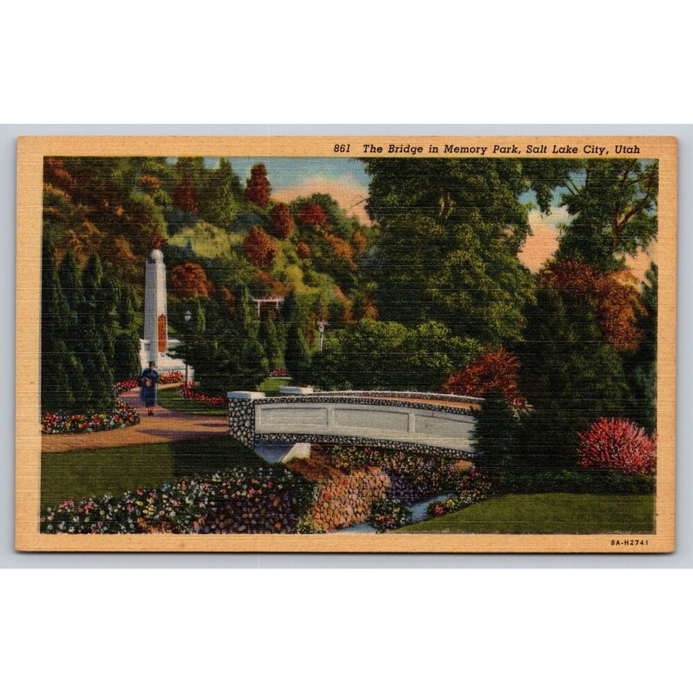Vtg 1930s Linen Postcard The Bridge in Memory Park Salt Lake City Utah Teich